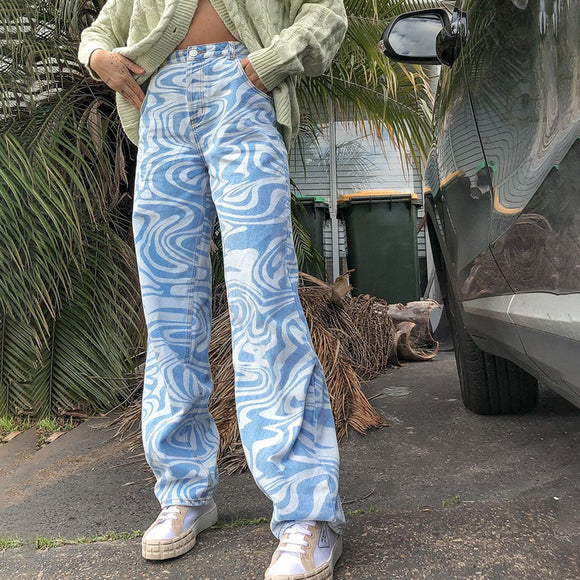 Pantalones Rectos Estampado Animal Azul - Estilo Casual Holgado para Primavera Verano