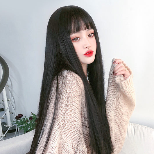 Peluca Larga Lisa con Flequillo Aéreo - Cabello Negro Natural Realista - Image 6