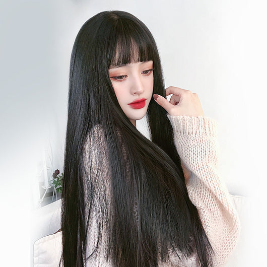 Peluca Larga Lisa con Flequillo Aéreo - Cabello Negro Natural Realista - Image 9