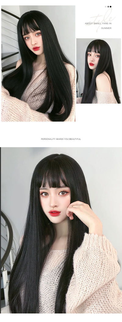 Peluca Larga Lisa con Flequillo Aéreo - Cabello Negro Natural Realista - Image 10