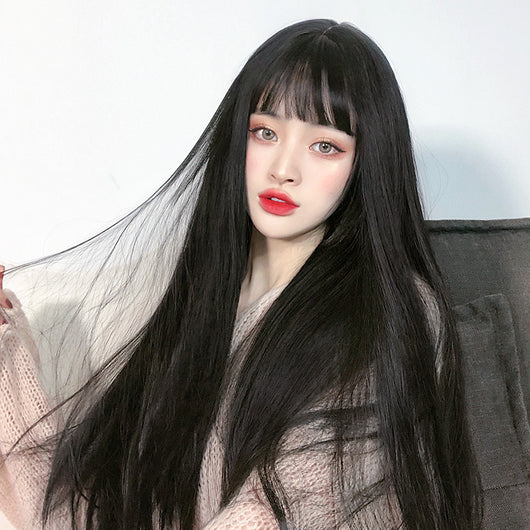 Peluca Larga Lisa con Flequillo Aéreo - Cabello Negro Natural Realista - Image 3
