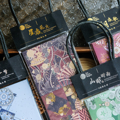 Fenghuaxueyue Series decorative paper pack with blue and white retro patterns, including waves, cranes, and geometric designs. - Image 3