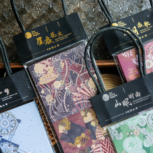Fenghuaxueyue Series decorative paper pack with blue and white retro patterns, including waves, cranes, and geometric designs. - Image 3