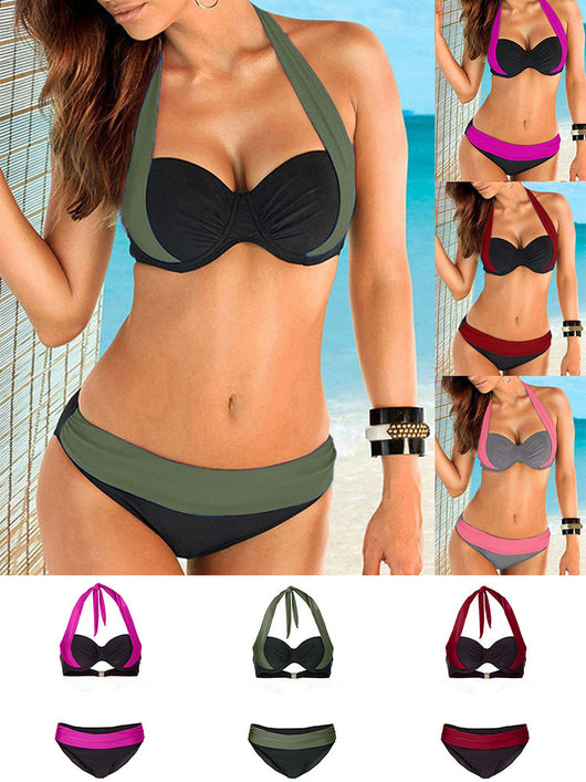 Black and red color block halter bikini with underwire top and classic brief bottom. - Image 5
