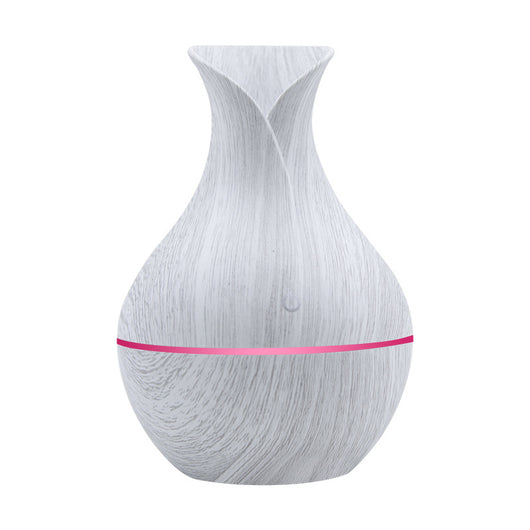 White wood grain household humidifier with a vase-like shape and a pink LED light band. - Image 2