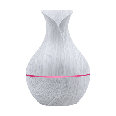 White wood grain household humidifier with a vase-like shape and a pink LED light band. - Image 3