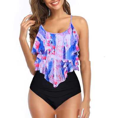 Black tiered ruffle tankini top with adjustable straps and leopard print high-waisted bikini bottoms. - Image 10