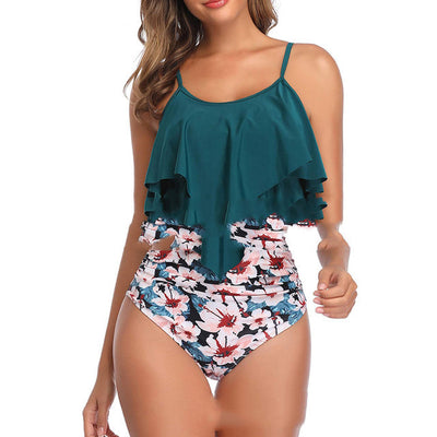 Black tiered ruffle tankini top with adjustable straps and leopard print high-waisted bikini bottoms. - Image 3