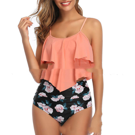 Black tiered ruffle tankini top with adjustable straps and leopard print high-waisted bikini bottoms. - Image 5