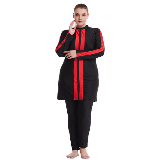 Plus size women's navy blue conservative swimsuit with white vertical stripes on the tunic and white sleeve stripes. - Image 13