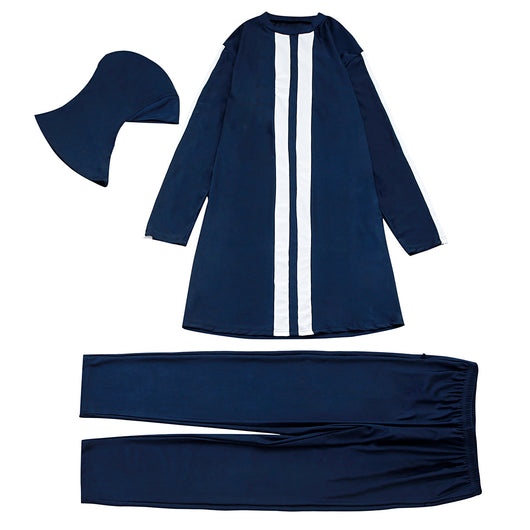 Plus size women's navy blue conservative swimsuit with white vertical stripes on the tunic and white sleeve stripes. - Image 14
