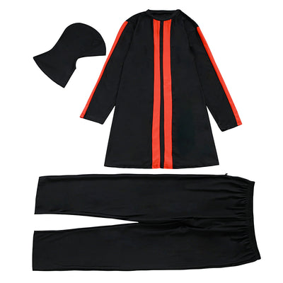 Plus size women's navy blue conservative swimsuit with white vertical stripes on the tunic and white sleeve stripes. - Image 16