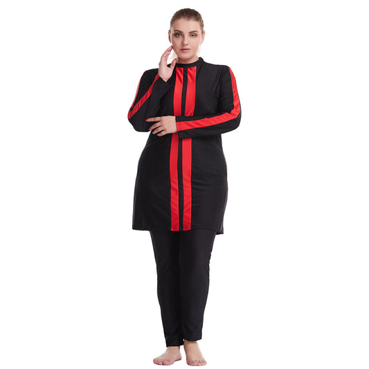 Plus size women's navy blue conservative swimsuit with white vertical stripes on the tunic and white sleeve stripes.