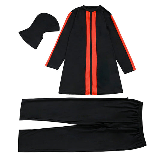 Plus size women's navy blue conservative swimsuit with white vertical stripes on the tunic and white sleeve stripes. - Image 4