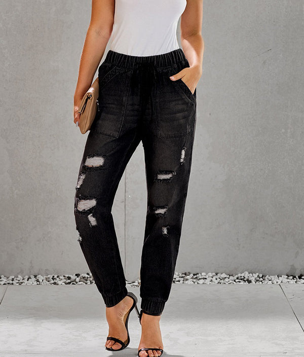 Jeans Slim Rotos de Cintura Alta con Cordón Ajustable