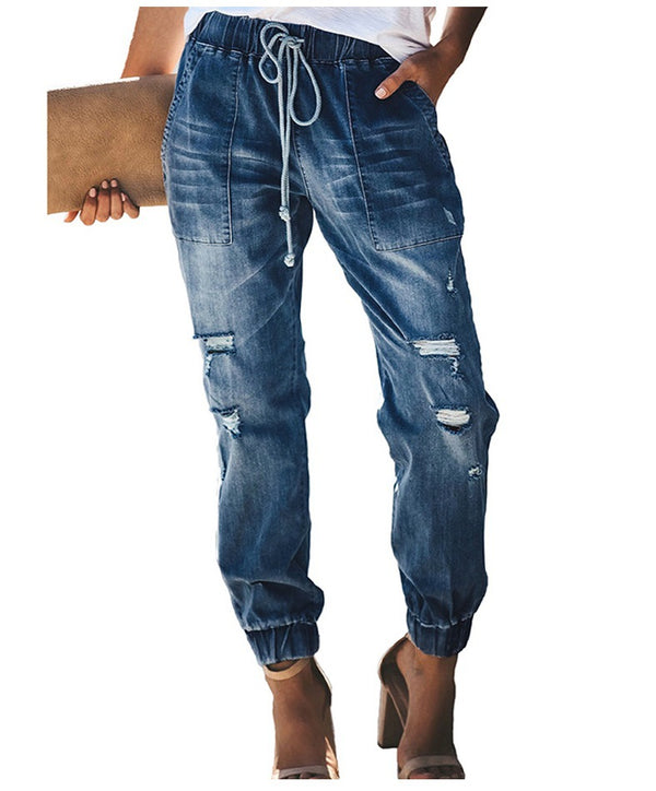 Jeans Slim Rotos de Cintura Alta con Cordón Ajustable