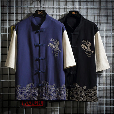 Hanfu Elegante con Bordado de Grúa y Contraste