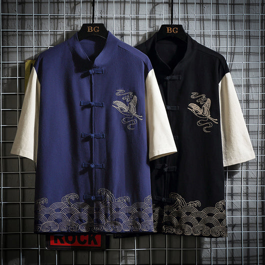 Hanfu Elegante con Bordado de Grúa y Contraste
