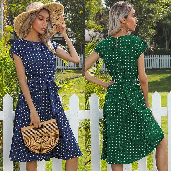 Vestido Midi Lunares Escote Redondo Manga Corta con Cordones para Mujer