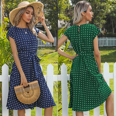 Vestido Midi Lunares Escote Redondo Manga Corta con Cordones para Mujer - Image 2