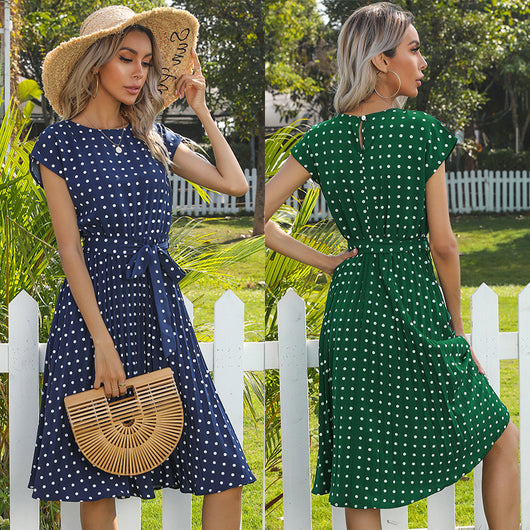 Vestido Midi Lunares Escote Redondo Manga Corta con Cordones para Mujer - Image 2
