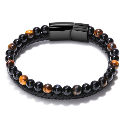 Pulsera de Piedra Volcánica Multicolor con Cuero Genuino Tejido para Hombre - Image 13