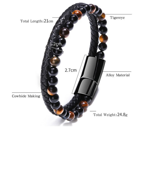 Pulsera de Piedra Volcánica Multicolor con Cuero Genuino Tejido para Hombre - Image 7