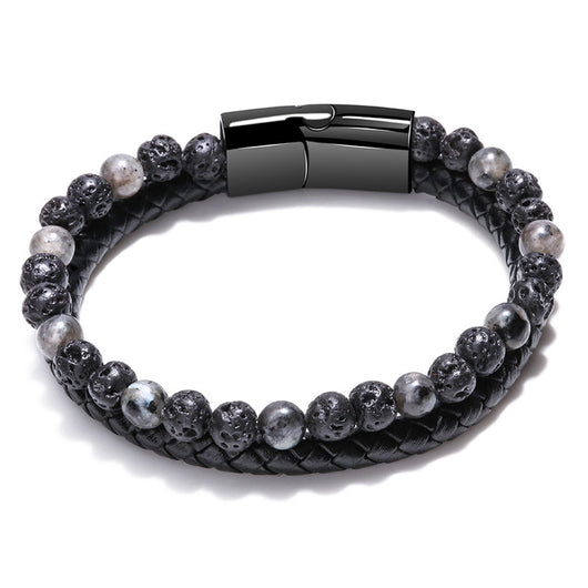 Pulsera de Piedra Volcánica Multicolor con Cuero Genuino Tejido para Hombre - Image 4