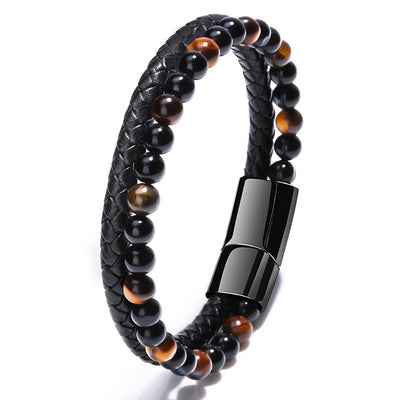 Pulsera de Piedra Volcánica Multicolor con Cuero Genuino Tejido para Hombre - Image 2