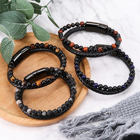 Pulsera de Piedra Volcánica Multicolor con Cuero Genuino Tejido para Hombre