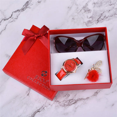 Set de Regalo 3 en 1: Reloj de Cuero, Gafas de Sol y Broche para Mujer
