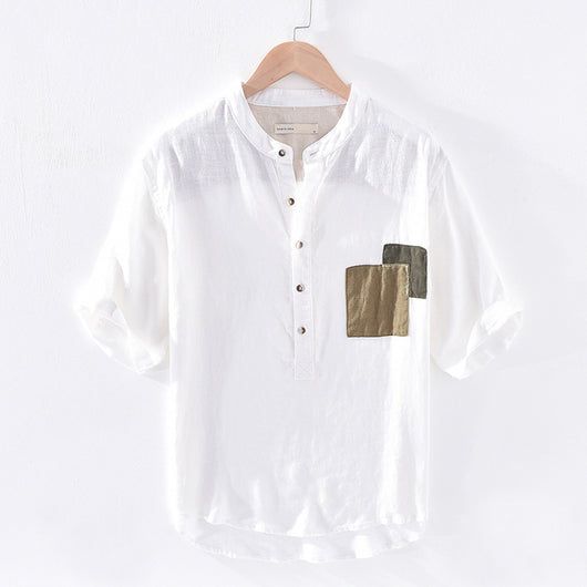Camiseta Hombre Lino Algodón Cuello Mao Manga Corta Verano - Image 6