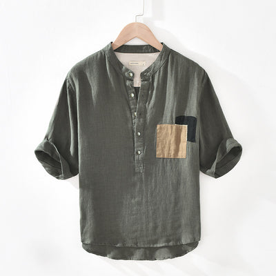 Camiseta Hombre Lino Algodón Cuello Mao Manga Corta Verano - Image 7