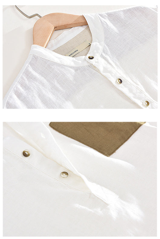Camiseta Hombre Lino Algodón Cuello Mao Manga Corta Verano - Image 10