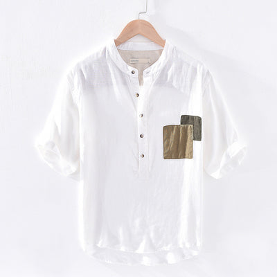 Camiseta Hombre Lino Algodón Cuello Mao Manga Corta Verano