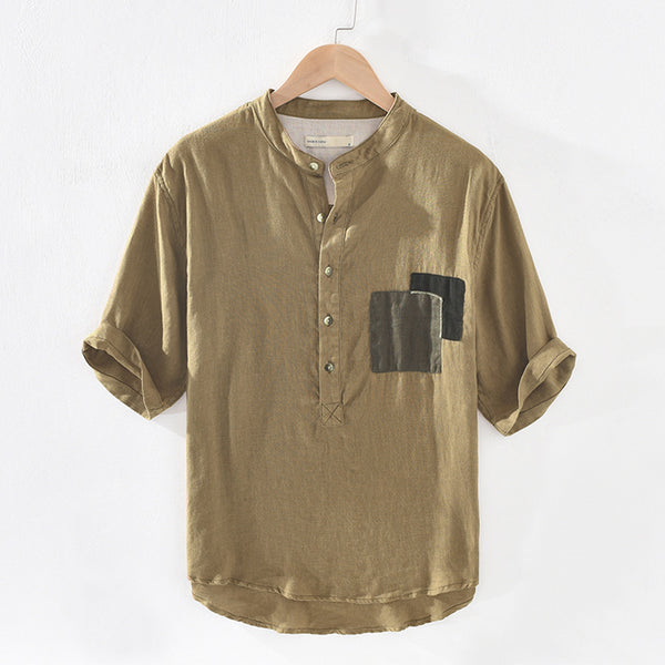Camiseta Hombre Lino Algodón Cuello Mao Manga Corta Verano