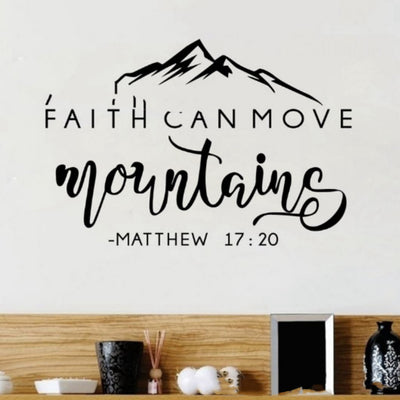 Black wall sticker with "FAITH CAN MOVE mountains -MATTHEW 17:20" text and a mountain silhouette on a light wall. - Image 5