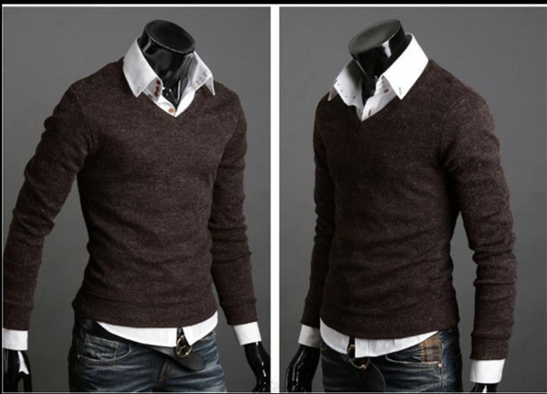 Suéter Cuello V Retro Británico Ajustado para Hombre - Prenda Versátil Otoño/Primavera