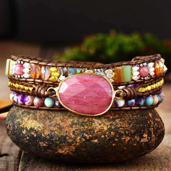 Pulsera Tejida de Rodonita Natural para Mujer