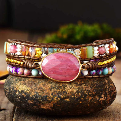 Pulsera Tejida de Rodonita Natural para Mujer