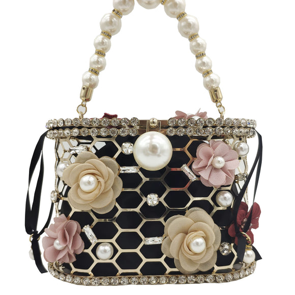 Bolso Tipo Saco con Perlas y Diamantes en Diseño Floral