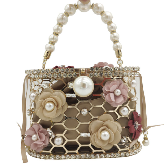 Bolso Tipo Saco con Perlas y Diamantes en Diseño Floral - Image 3