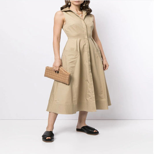 Vestido Bohemio Largo Mujer Sin Mangas Cuello Camisero Bolsillos Amplios Corte Slim