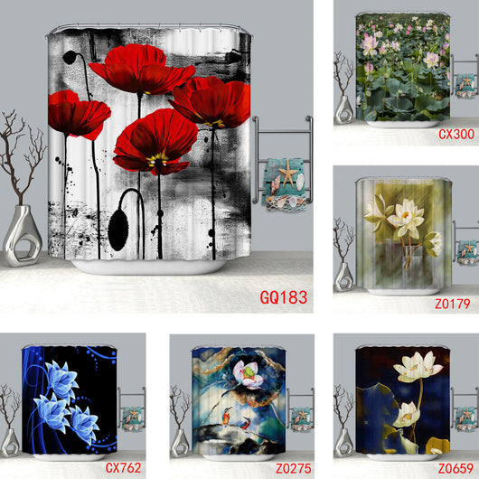 Four-piece lotus flower bathroom set with shower curtain, bath mat, toilet lid cover, and U-shaped toilet mat. - Image 9