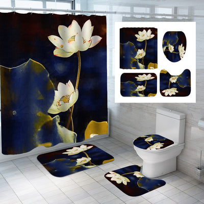 Four-piece lotus flower bathroom set with shower curtain, bath mat, toilet lid cover, and U-shaped toilet mat. - Image 11