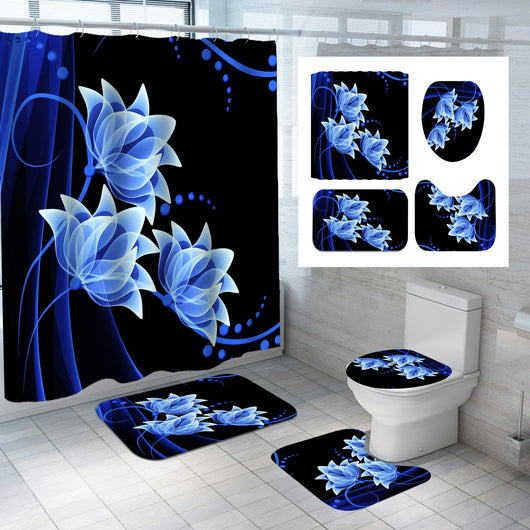 Four-piece lotus flower bathroom set with shower curtain, bath mat, toilet lid cover, and U-shaped toilet mat. - Image 19