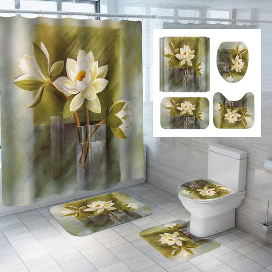 Four-piece lotus flower bathroom set with shower curtain, bath mat, toilet lid cover, and U-shaped toilet mat. - Image 13