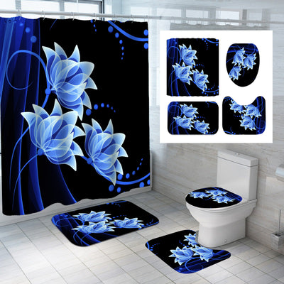 Four-piece lotus flower bathroom set with shower curtain, bath mat, toilet lid cover, and U-shaped toilet mat. - Image 18