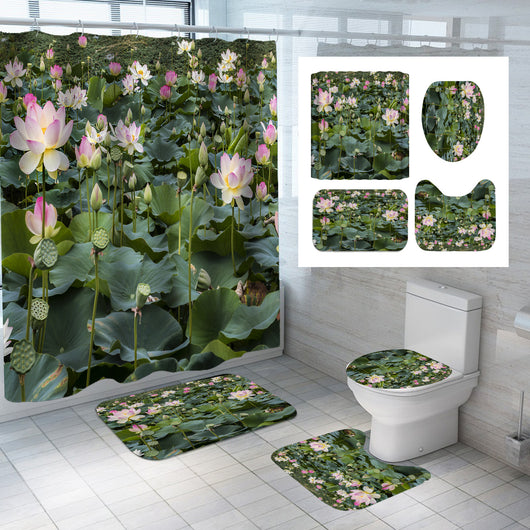 Four-piece lotus flower bathroom set with shower curtain, bath mat, toilet lid cover, and U-shaped toilet mat. - Image 17