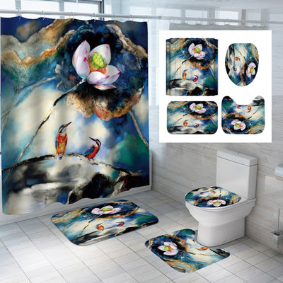 Four-piece lotus flower bathroom set with shower curtain, bath mat, toilet lid cover, and U-shaped toilet mat. - Image 5
